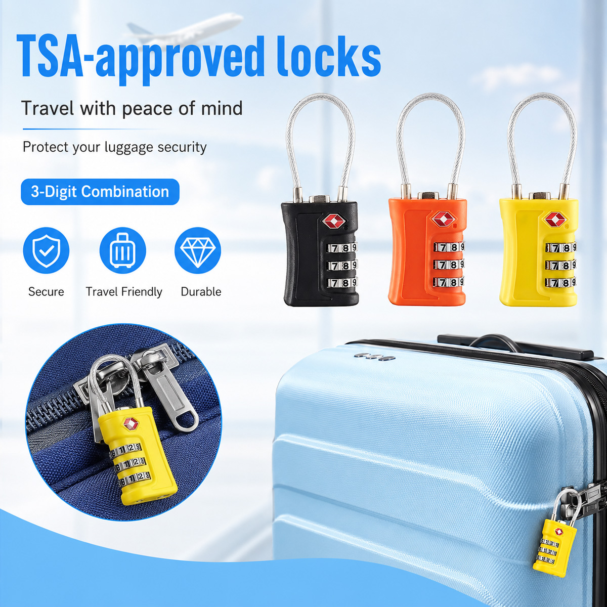Cable Lock Combination - TSA-zugelassenes Gepäckschloss, 3-stelliges Kombinations-Kabelschloss für Koffer,
